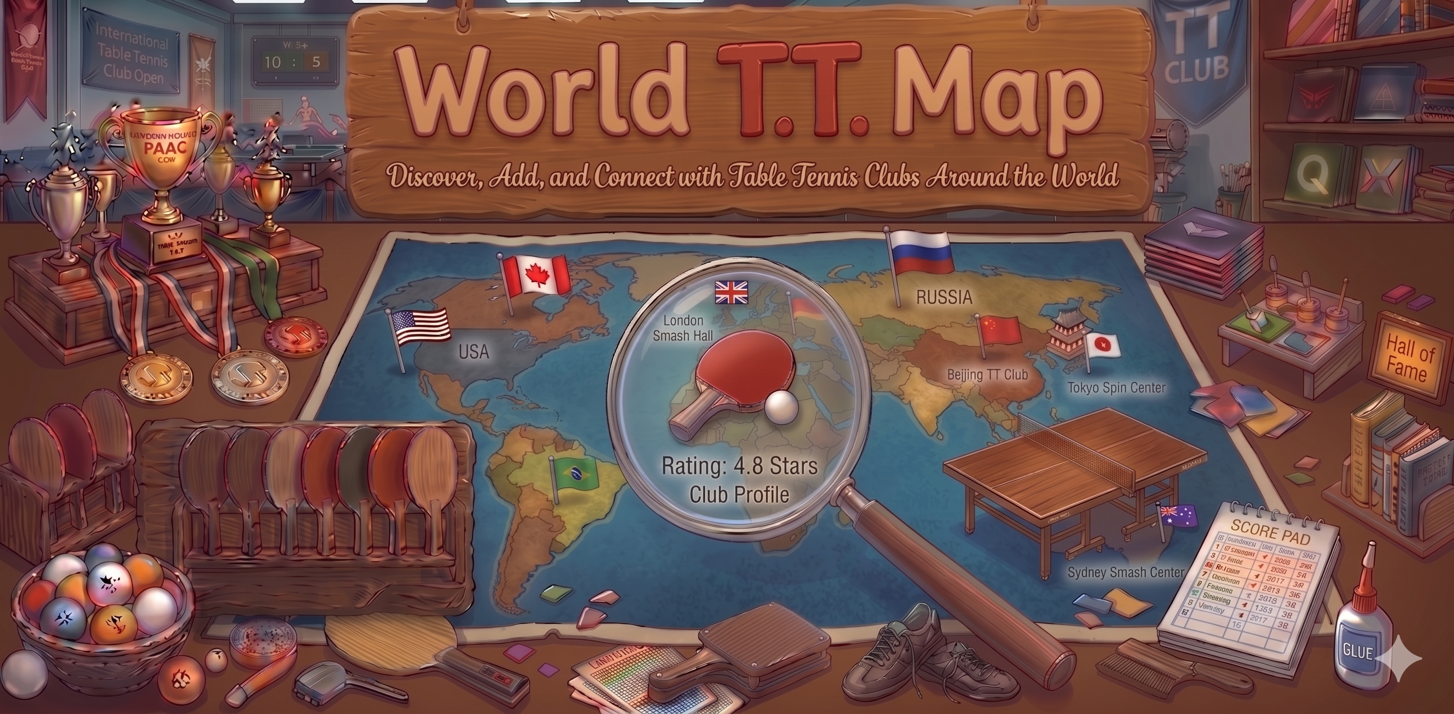 World T.T. Map — illustrated desk with a world map, table tennis gear, and club pins around the globe.
